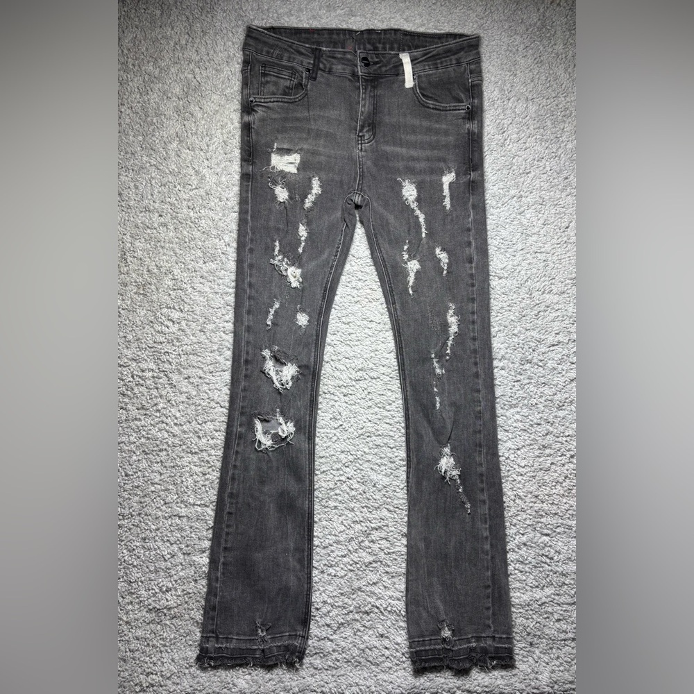 Pheelings Jeans Mens 32 Seize the Day Flare Stack Denim Distressed Raw Hem Fray
